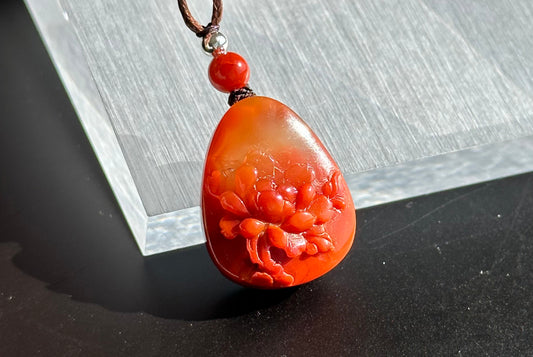 Certified Natural High Grade Flame Red Nanhong Agate Hand Carved Peony flower Pendant, 天然无优化川料火焰红南红手雕牡丹吊坠