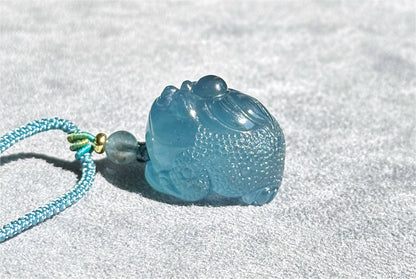 Certified Natural Devil Blue Aquamarine Hand Carved Money Toad Pendant, Aquamarine Pendant, 天然魔鬼蓝海蓝宝手工雕刻金蟾吊坠