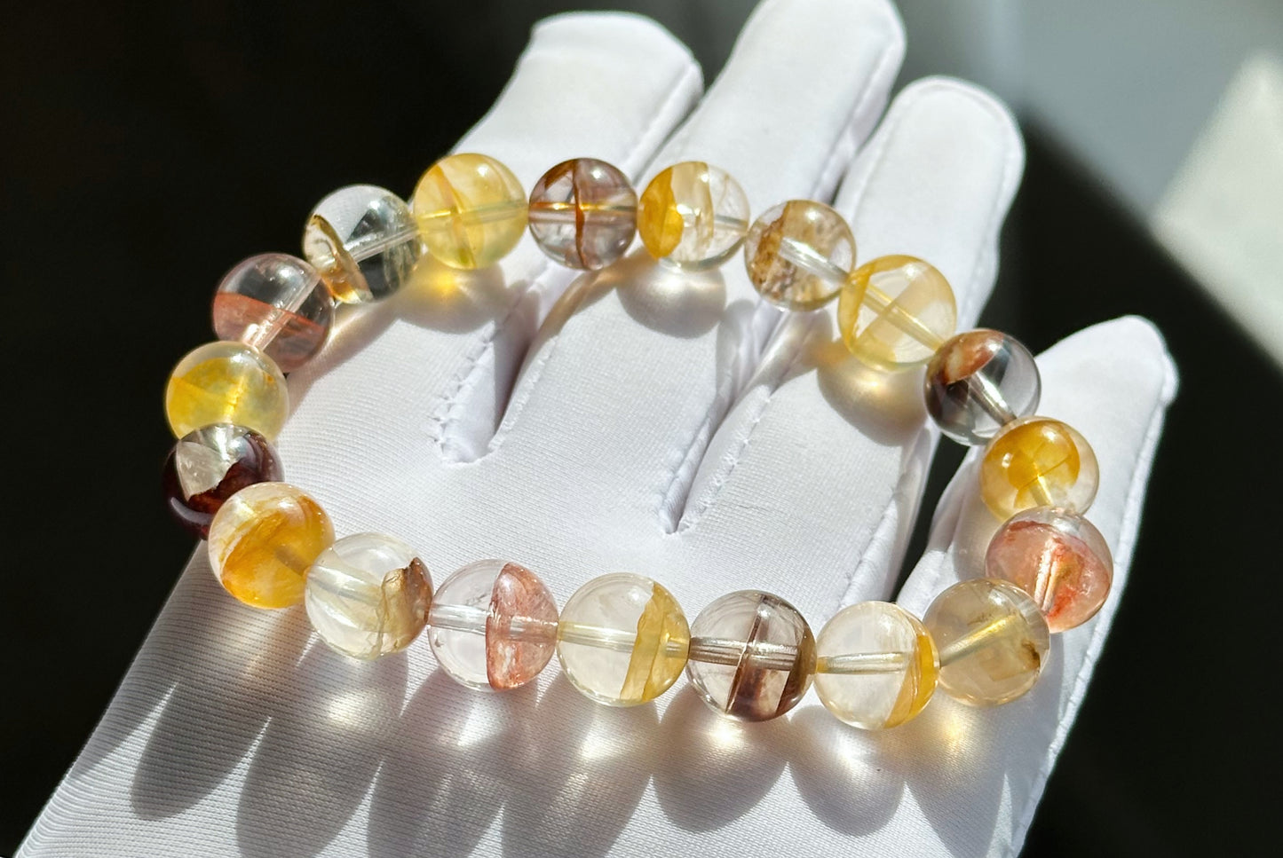 10.5mm+, Certified Natural Top Grade Yellow and Red Hematoid Quartz Bracelet, golden healer and fire quartz bracelet, 天然红黄胶花水晶手串