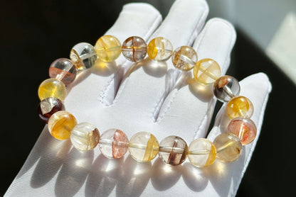 10.5mm+, Certified Natural Top Grade Yellow and Red Hematoid Quartz Bracelet, golden healer and fire quartz bracelet, 天然红黄胶花水晶手串