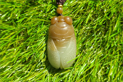 Certified Natural High-quality Ruoqiang Yellow and Sugar Brown Nephrite Jade Hand Carved Cicada Pendant, 天然若羌青黄口带糖和田玉手工雕刻一鸣惊人(蝉)吊坠