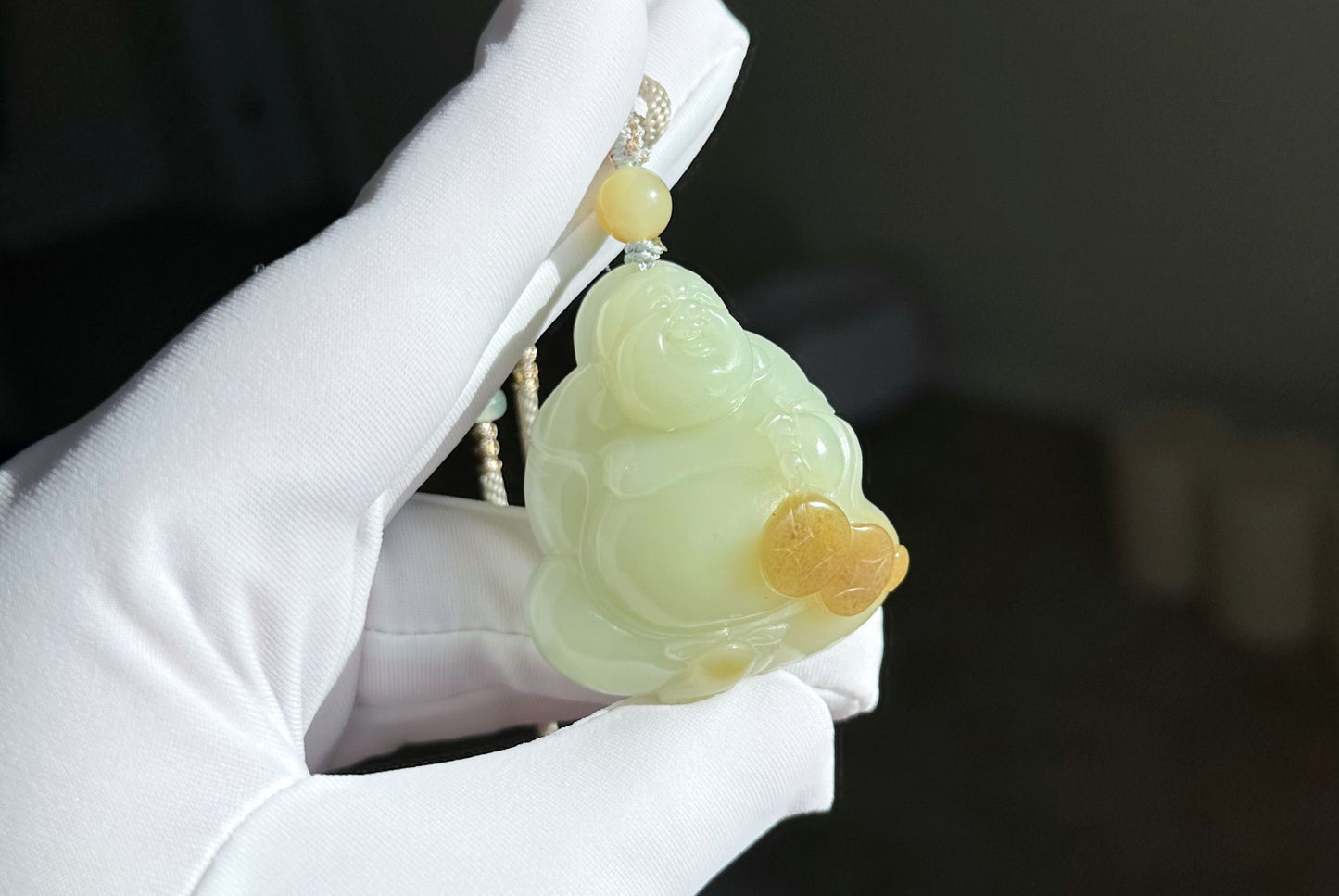 Certified Natural High-Quality Ruoqiang Yellow and Sugar Nephrite Jade Hand-Carved Maitreya Buddha Pendant, 天然若羌黄口带糖和田玉手工雕刻弥勒佛