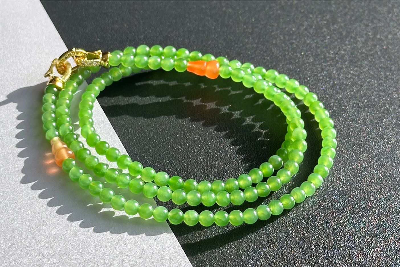 4mm, Certified Natural Apple Green Nephrite Jade Bead Necklace, 正矿苹果绿碧玉项链