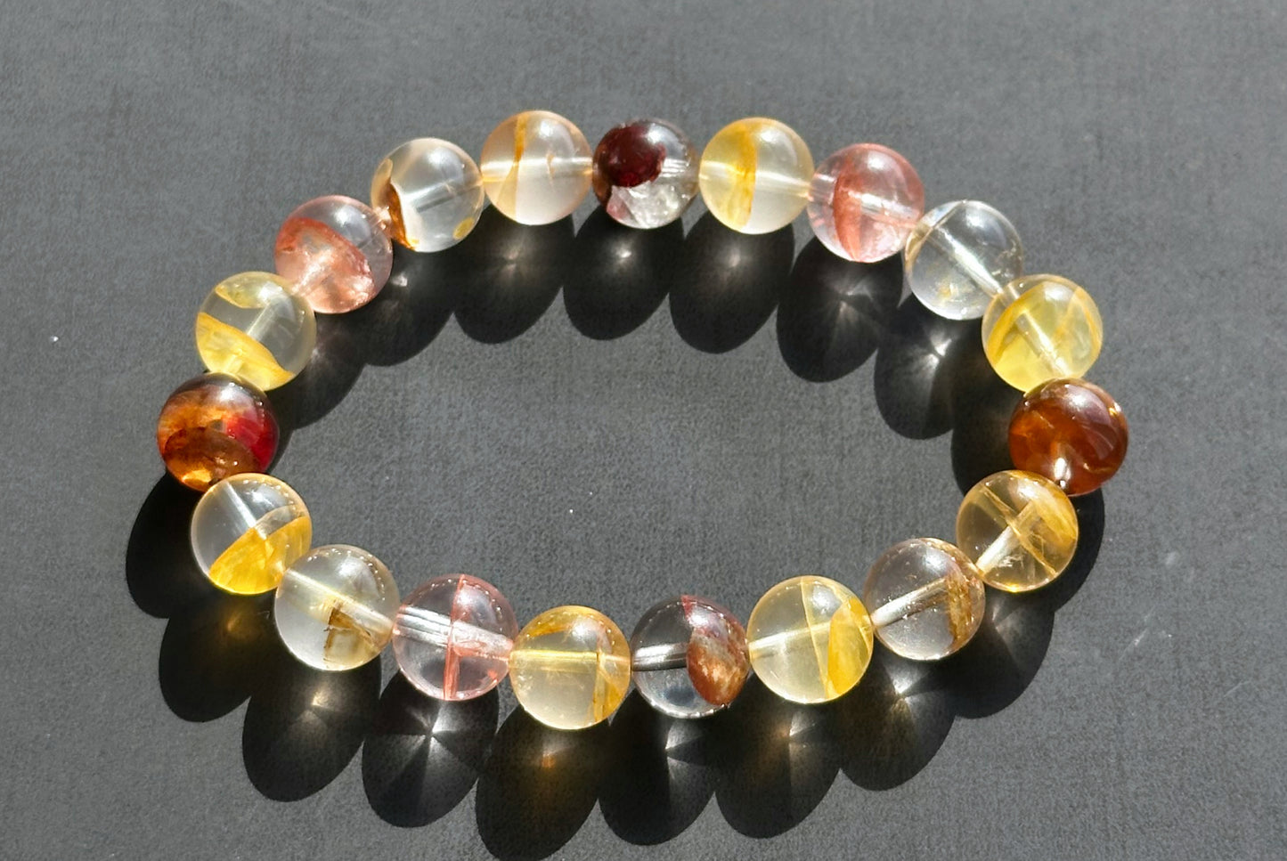10.5mm+, Certified Natural Top Grade Yellow and Red Hematoid Quartz Bracelet, golden healer and fire quartz bracelet, 天然红黄胶花水晶手串