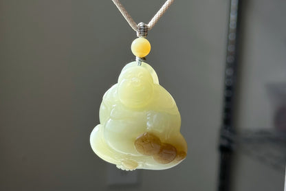 Certified Natural High-Quality Ruoqiang Yellow and Sugar Nephrite Jade Hand-Carved Maitreya Buddha Pendant, 天然若羌黄口带糖和田玉手工雕刻弥勒佛