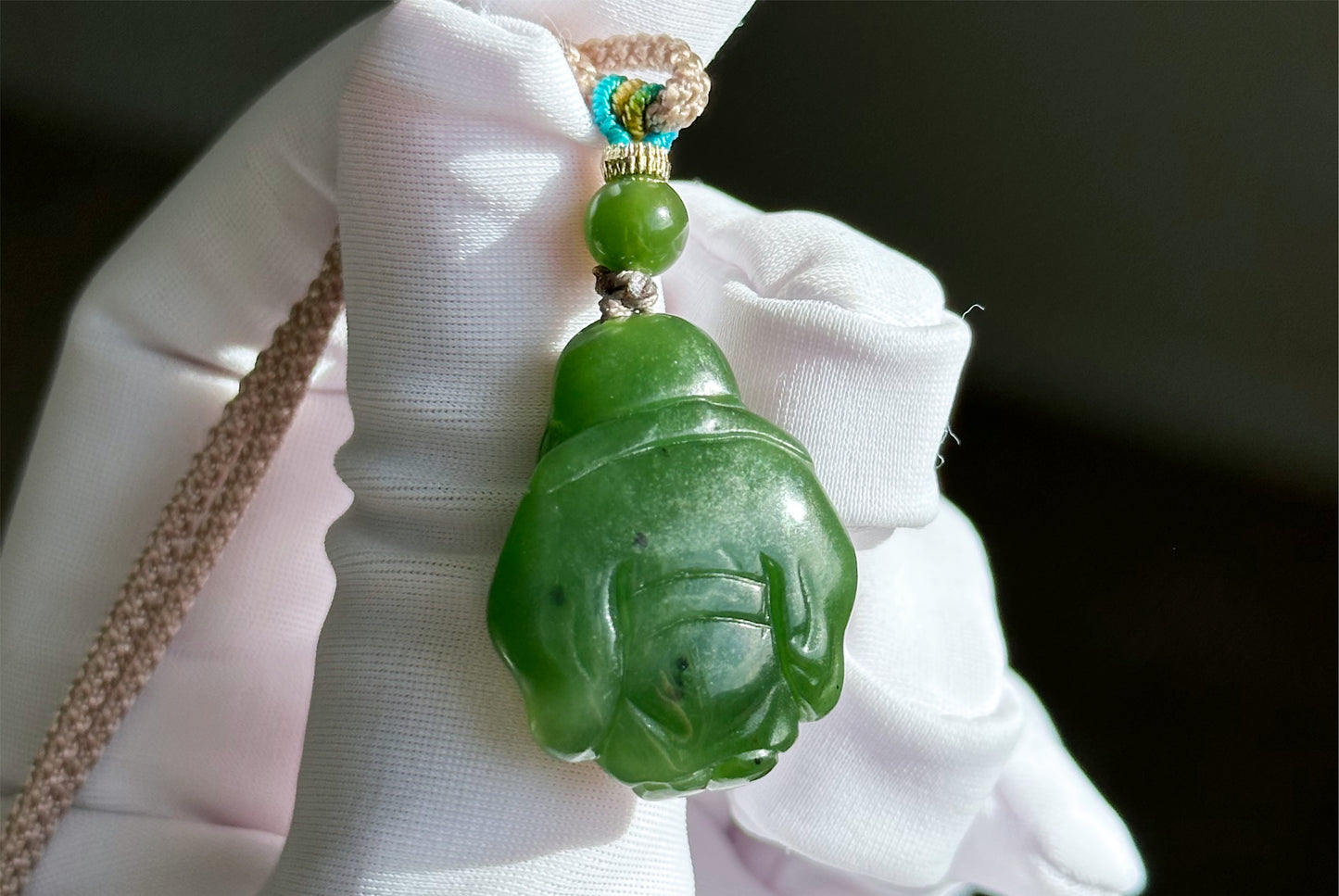 Certified Natural Russia Spinach Green Nephrite Carved God of Wealth Pendant, 天然俄料菠菜绿碧玉财神吊坠