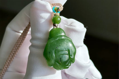 Certified Natural Russia Spinach Green Nephrite Carved God of Wealth Pendant, 天然俄料菠菜绿碧玉财神吊坠
