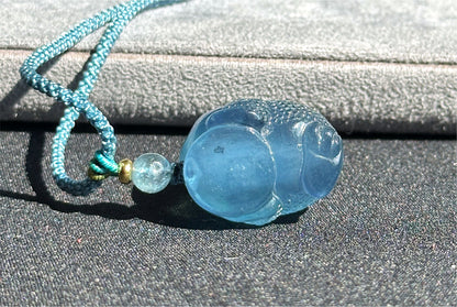 Certified Natural Devil Blue Aquamarine Hand Carved Money Toad Pendant, Aquamarine Pendant, 天然魔鬼蓝海蓝宝手工雕刻金蟾吊坠