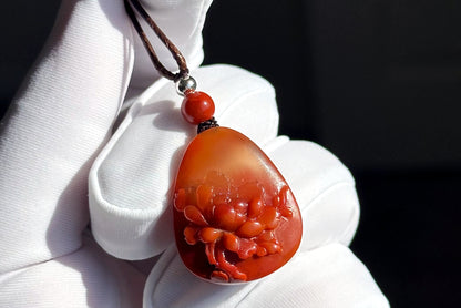 Certified Natural High Grade Flame Red Nanhong Agate Hand Carved Peony flower Pendant, 天然无优化川料火焰红南红手雕牡丹吊坠