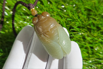 Certified Natural High-quality Ruoqiang Yellow and Sugar Brown Nephrite Jade Hand Carved Cicada Pendant, 天然若羌青黄口带糖和田玉手工雕刻一鸣惊人(蝉)吊坠