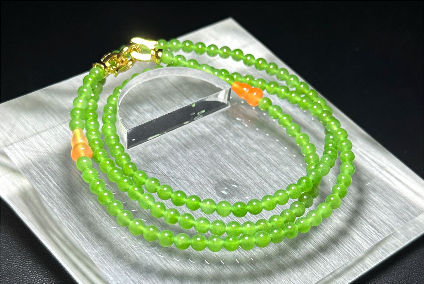 4mm, Certified Natural Apple Green Nephrite Jade Bead Necklace, 正矿苹果绿碧玉项链