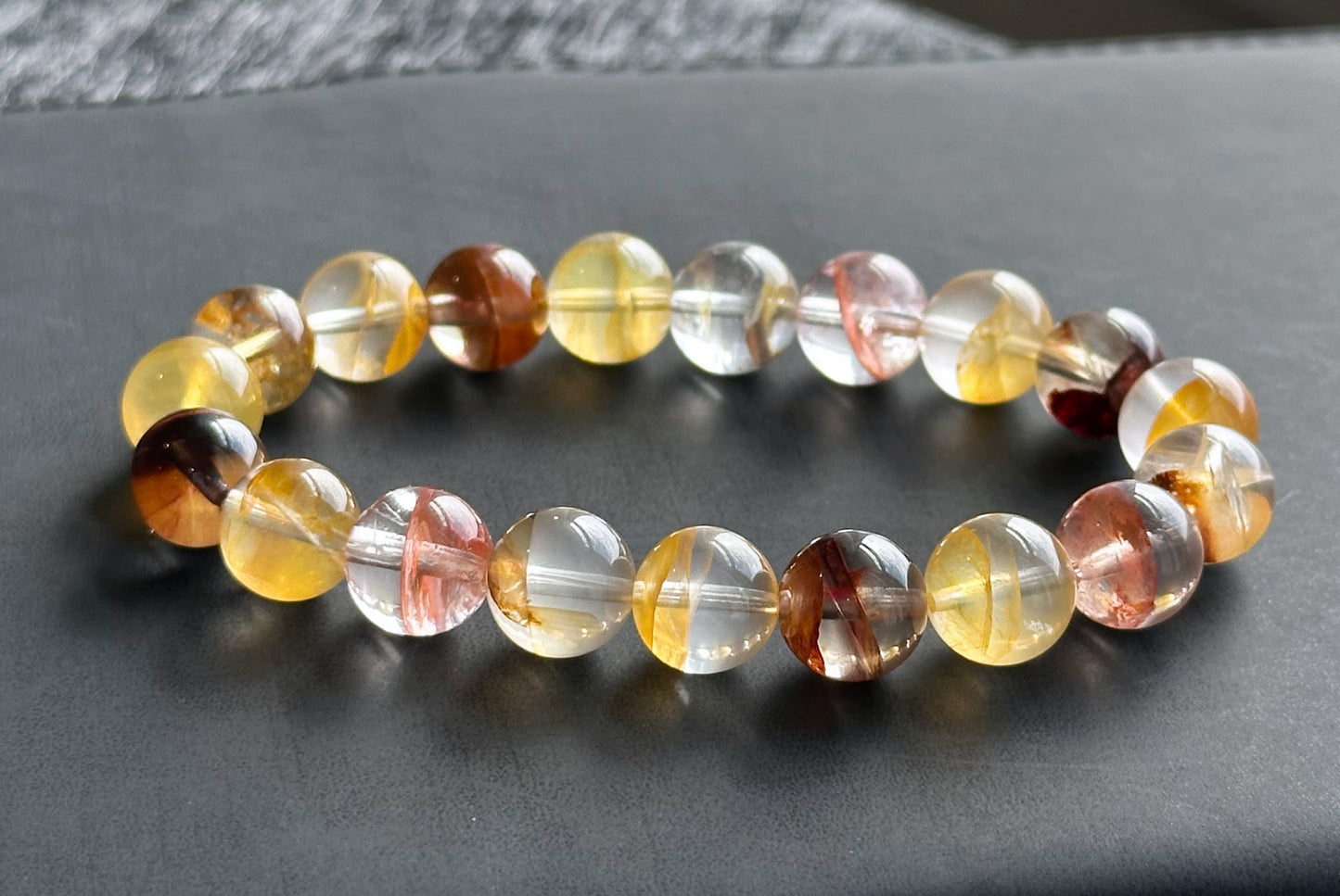 10.5mm+, Certified Natural Top Grade Yellow and Red Hematoid Quartz Bracelet, golden healer and fire quartz bracelet, 天然红黄胶花水晶手串