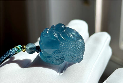 Certified Natural Devil Blue Aquamarine Hand Carved Money Toad Pendant, Aquamarine Pendant, 天然魔鬼蓝海蓝宝手工雕刻金蟾吊坠