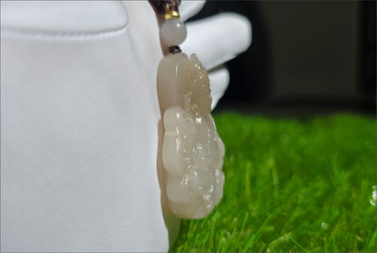 Certified Natural High Quality Lotus Pink Nephrite Jade Carved ellow Dzambhala Pendant, 天然藕粉和田玉雕刻黄财神吊坠
