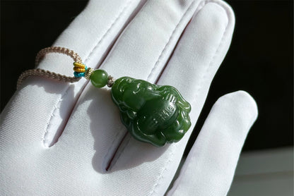 Certified Natural Russia Spinach Green Nephrite Carved God of Wealth Pendant, 天然俄料菠菜绿碧玉财神吊坠