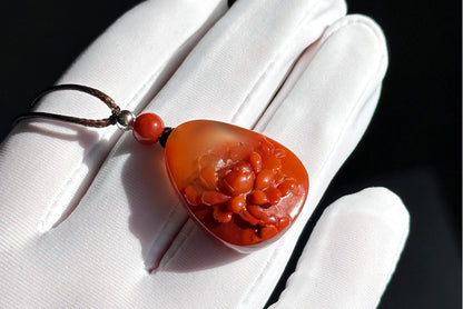 Certified Natural High Grade Flame Red Nanhong Agate Hand Carved Peony flower Pendant, 天然无优化川料火焰红南红手雕牡丹吊坠