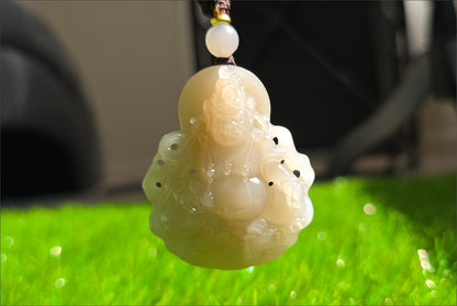 Certified Natural High Quality Lotus Pink Nephrite Jade Carved ellow Dzambhala Pendant, 天然藕粉和田玉雕刻黄财神吊坠
