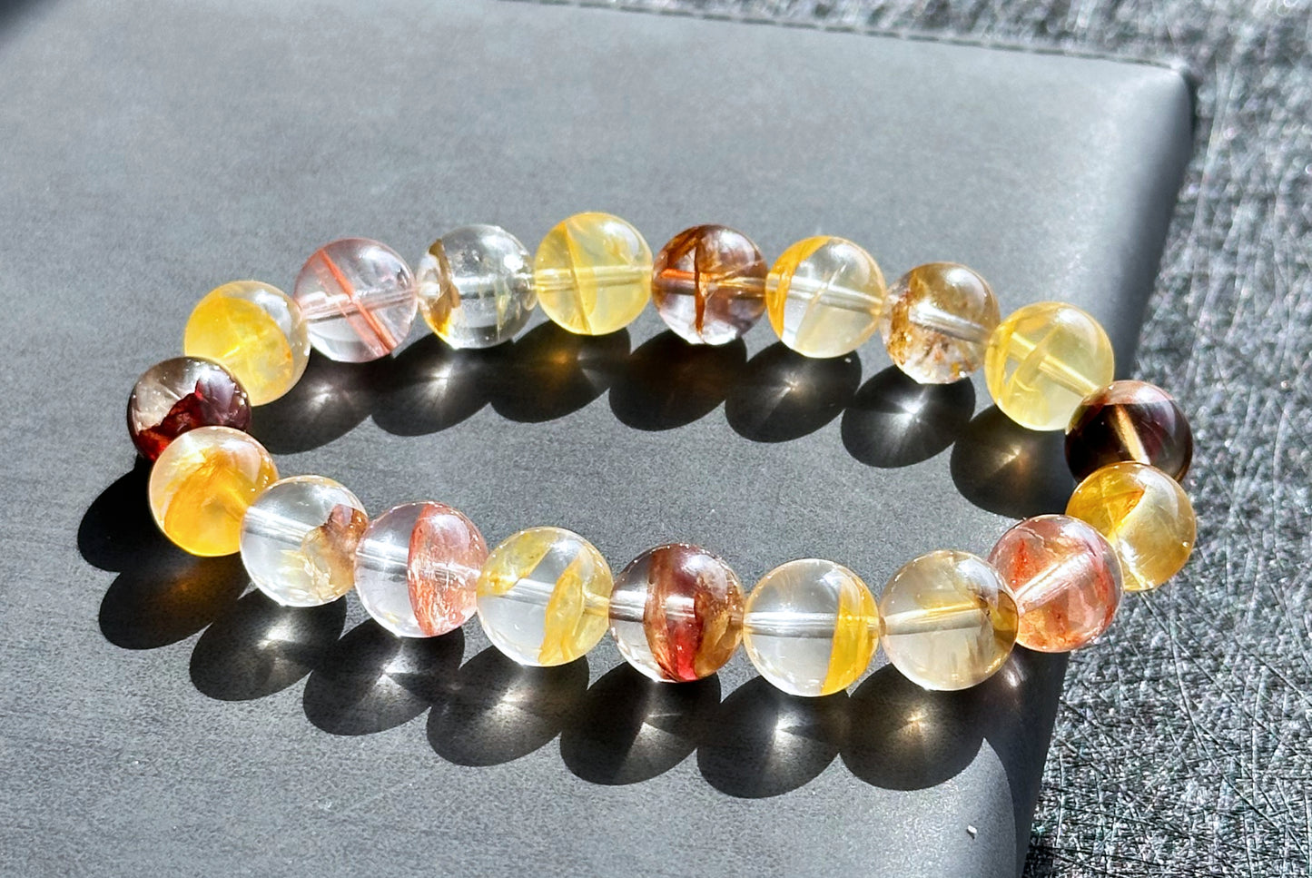 10.5mm+, Certified Natural Top Grade Yellow and Red Hematoid Quartz Bracelet, golden healer and fire quartz bracelet, 天然红黄胶花水晶手串