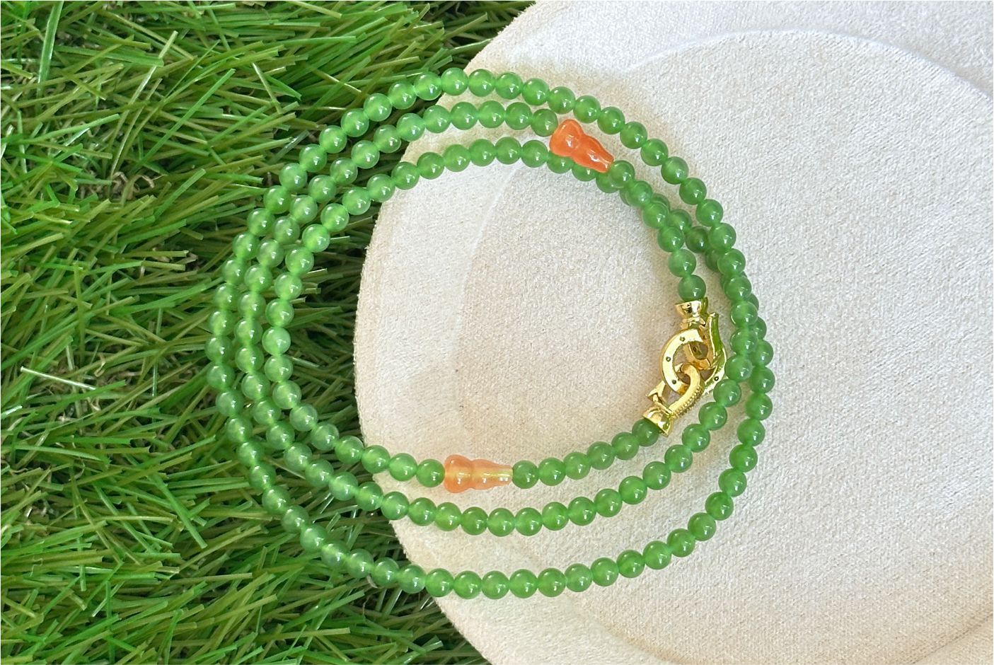 4mm, Certified Natural Apple Green Nephrite Jade Bead Necklace, 正矿苹果绿碧玉项链