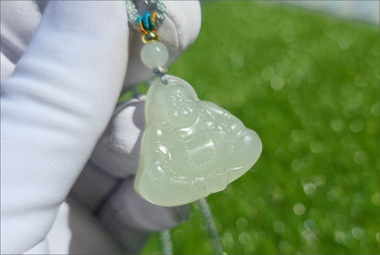 Certified Natural White Nephrite Jade Carved Maitreya Buddha Pendant, 天然青海和田白玉雕刻弥勒佛吊坠