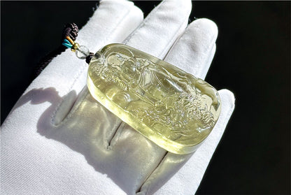 30.435 grams, Natural Top Grade High Clarity Authentic Libyan Desert Glass Tektite Carved Ksitigarbha Bodhisattva Pendant, 天然透体利比亚陨石雕刻地藏王菩萨吊坠