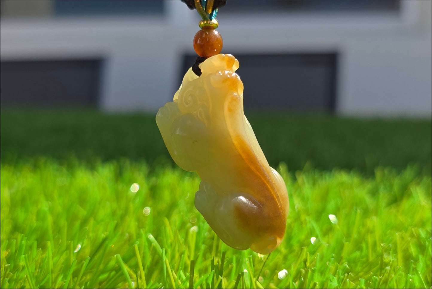 Certified Natural Brown Sugar and Greenish Yellow Nephrite Jade Hand-Carved Pixiu Pendant, 天然青黄口带糖和田玉手工雕刻貔貅吊坠