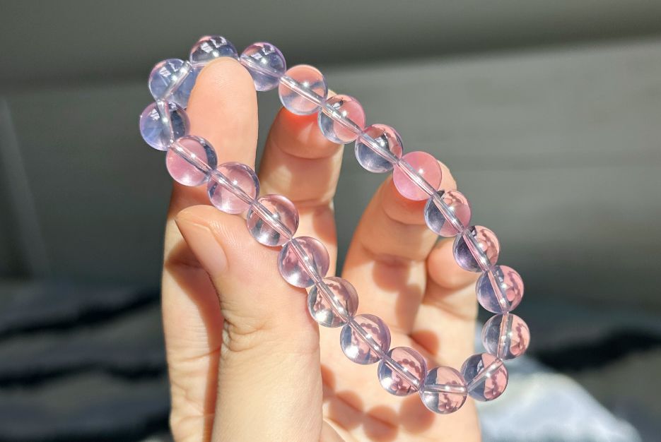 9.5mm+, Certified Top Grade Natural Lavender Moon Quartz Bracelet, Natural Lavender Quartz Bracelet, 高品级玻璃体薰衣草紫玉晶手串