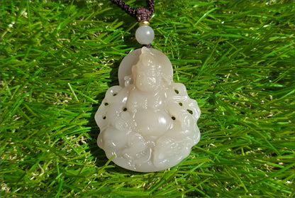 Certified Natural High Quality Lotus Pink Nephrite Jade Carved ellow Dzambhala Pendant, 天然藕粉和田玉雕刻黄财神吊坠
