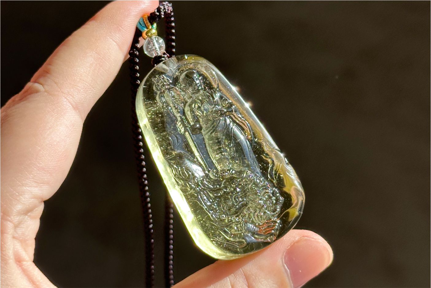 30.435 grams, Natural Top Grade High Clarity Authentic Libyan Desert Glass Tektite Carved Ksitigarbha Bodhisattva Pendant, 天然透体利比亚陨石雕刻地藏王菩萨吊坠