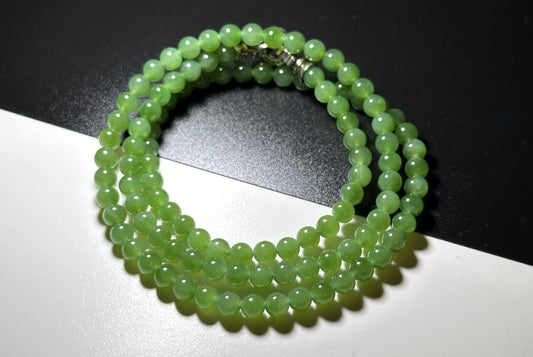 6mm, Certified Natural Green Nephrite Jade Bead Necklace, 天然俄料冰胶阳绿碧玉项链