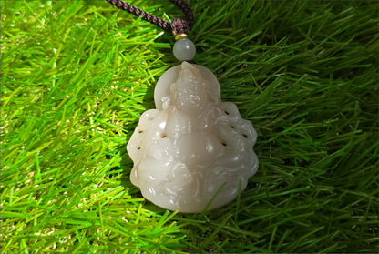 Certified Natural High Quality Lotus Pink Nephrite Jade Carved ellow Dzambhala Pendant, 天然藕粉和田玉雕刻黄财神吊坠