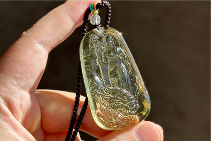 30.435 grams, Natural Top Grade High Clarity Authentic Libyan Desert Glass Tektite Carved Ksitigarbha Bodhisattva Pendant, 天然透体利比亚陨石雕刻地藏王菩萨吊坠