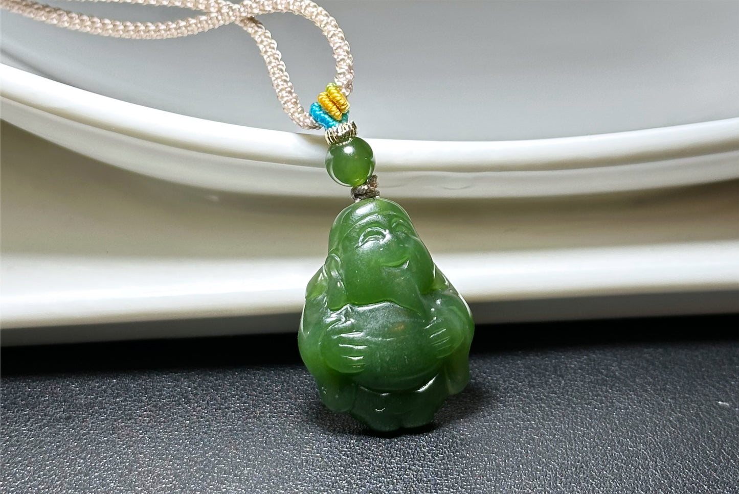 Certified Natural Russia Spinach Green Nephrite Carved God of Wealth Pendant, 天然俄料菠菜绿碧玉财神吊坠
