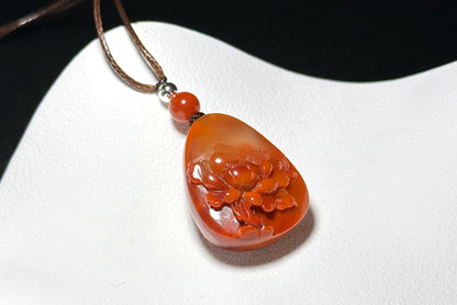 Certified Natural High Grade Flame Red Nanhong Agate Hand Carved Peony flower Pendant, 天然无优化川料火焰红南红手雕牡丹吊坠