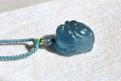 Certified Natural Devil Blue Aquamarine Hand Carved Money Toad Pendant, Aquamarine Pendant, 天然魔鬼蓝海蓝宝手工雕刻金蟾吊坠