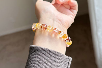 10.5mm+, Certified Natural Top Grade Yellow and Red Hematoid Quartz Bracelet, golden healer and fire quartz bracelet, 天然红黄胶花水晶手串