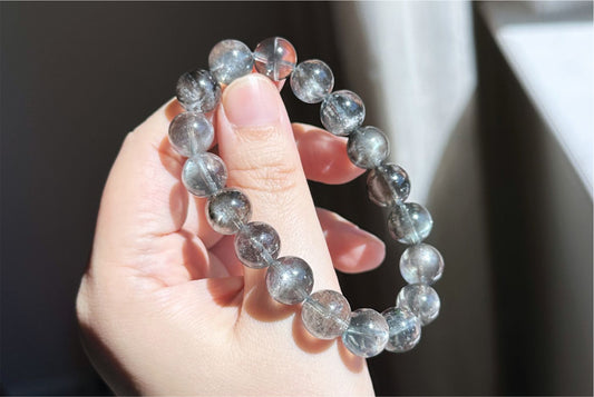 11mm+, Certified Top Grade High Clarity Natural Black Flash Aquamarine Bracelet – Rare Cat’s Eye & Brilliant Sparkle,天然黑云母猫眼黑爆闪海蓝宝手串