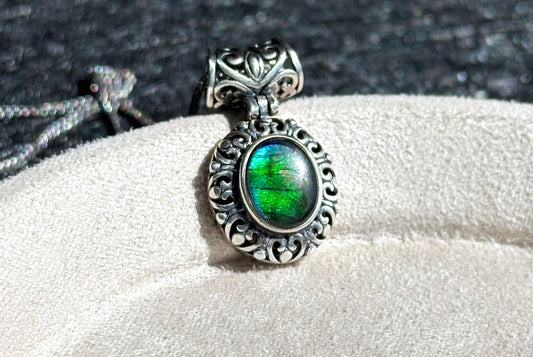 8x10, Natural High Grade Ammolite Stone Pendant Necklace, 925 Sterling Silver, Canada Natural Ammolite Pendant, 天然无拼接斑彩螺化石纯银吊坠