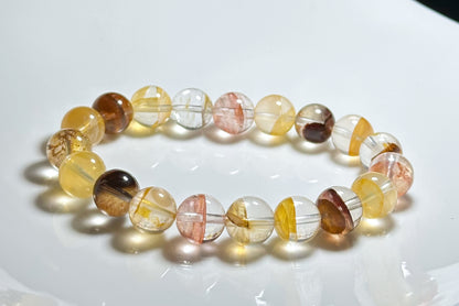 10.5mm+, Certified Natural Top Grade Yellow and Red Hematoid Quartz Bracelet, golden healer and fire quartz bracelet, 天然红黄胶花水晶手串