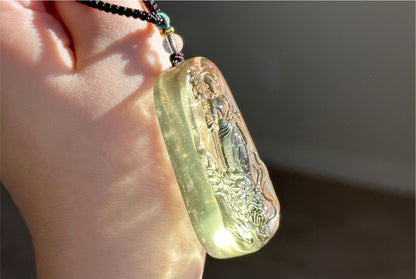 30.435 grams, Natural Top Grade High Clarity Authentic Libyan Desert Glass Tektite Carved Ksitigarbha Bodhisattva Pendant, 天然透体利比亚陨石雕刻地藏王菩萨吊坠