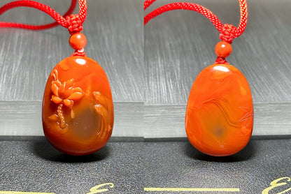 Certified Natural High Grade Untreated Nanhong Agate Hand Carved Lotus and Koi Fish Pendant, 天然无优化川火焰红俏柿子红南红手雕莲花鱼吊坠