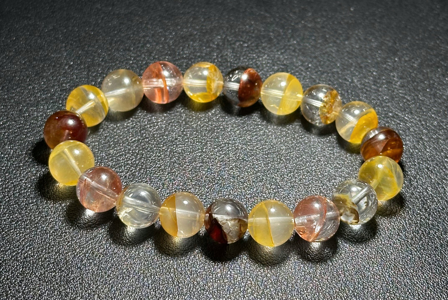10.5mm+, Certified Natural Top Grade Yellow and Red Hematoid Quartz Bracelet, golden healer and fire quartz bracelet, 天然红黄胶花水晶手串