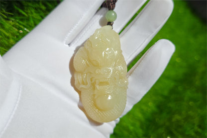 Certified Natural Ruoqiang yellow nephrite jade hand-carved dragon pendant, 天然若羌黄口和田玉手工雕刻龙吊住