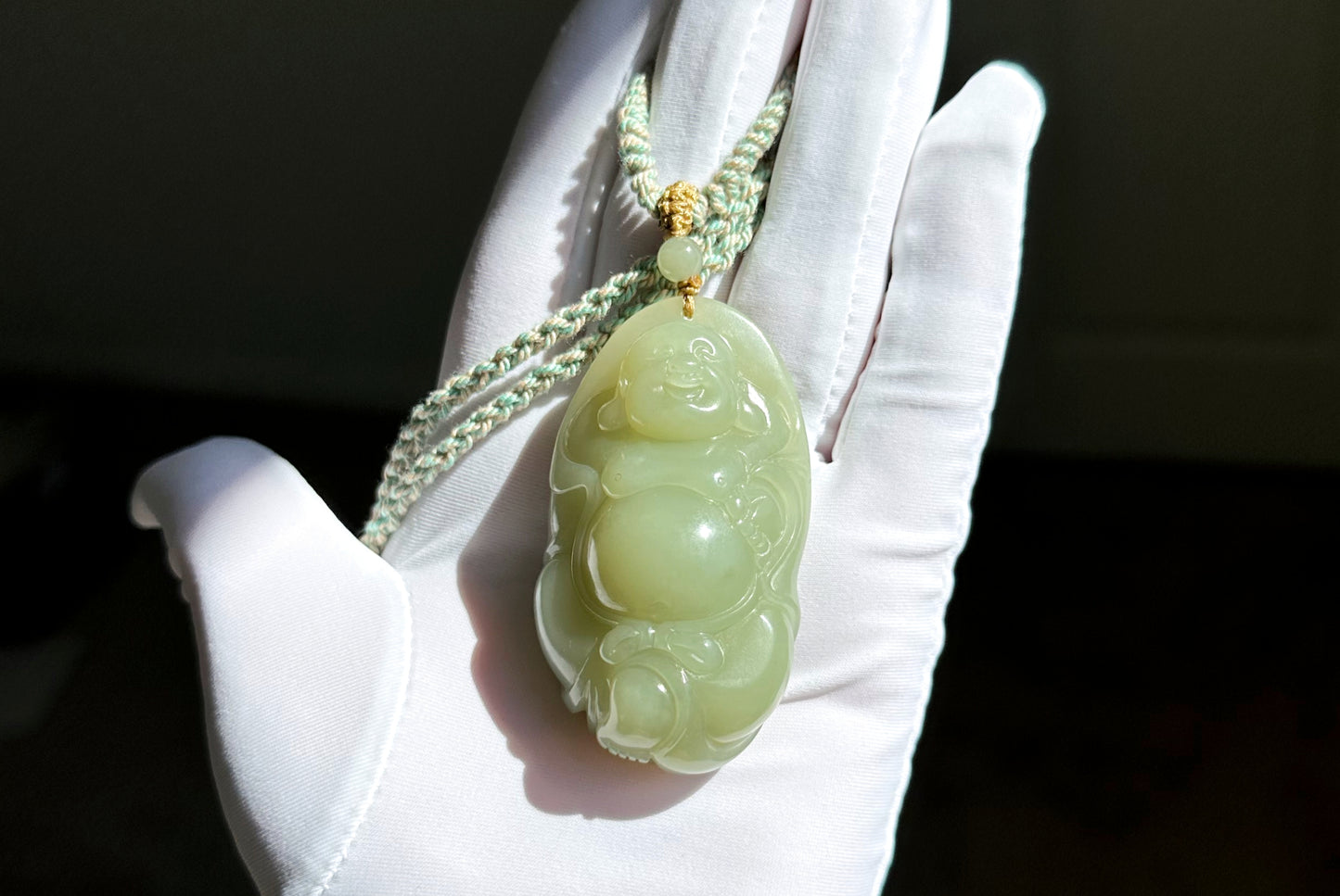 Big 73Grams, Certified Natural Untreated Warm White Nephrite Jade Hand-Carved Maitreya Buddha Pendant, 天然且末和田玉手工雕刻弥勒佛