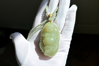 Big 73Grams, Certified Natural Untreated Warm White Nephrite Jade Hand-Carved Maitreya Buddha Pendant, 天然且末和田玉手工雕刻弥勒佛