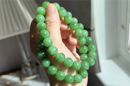 12mm, Certified Natural Powder Green Nephrite Jade Bead Necklace, 天然俄料7号矿色标粉绿项链