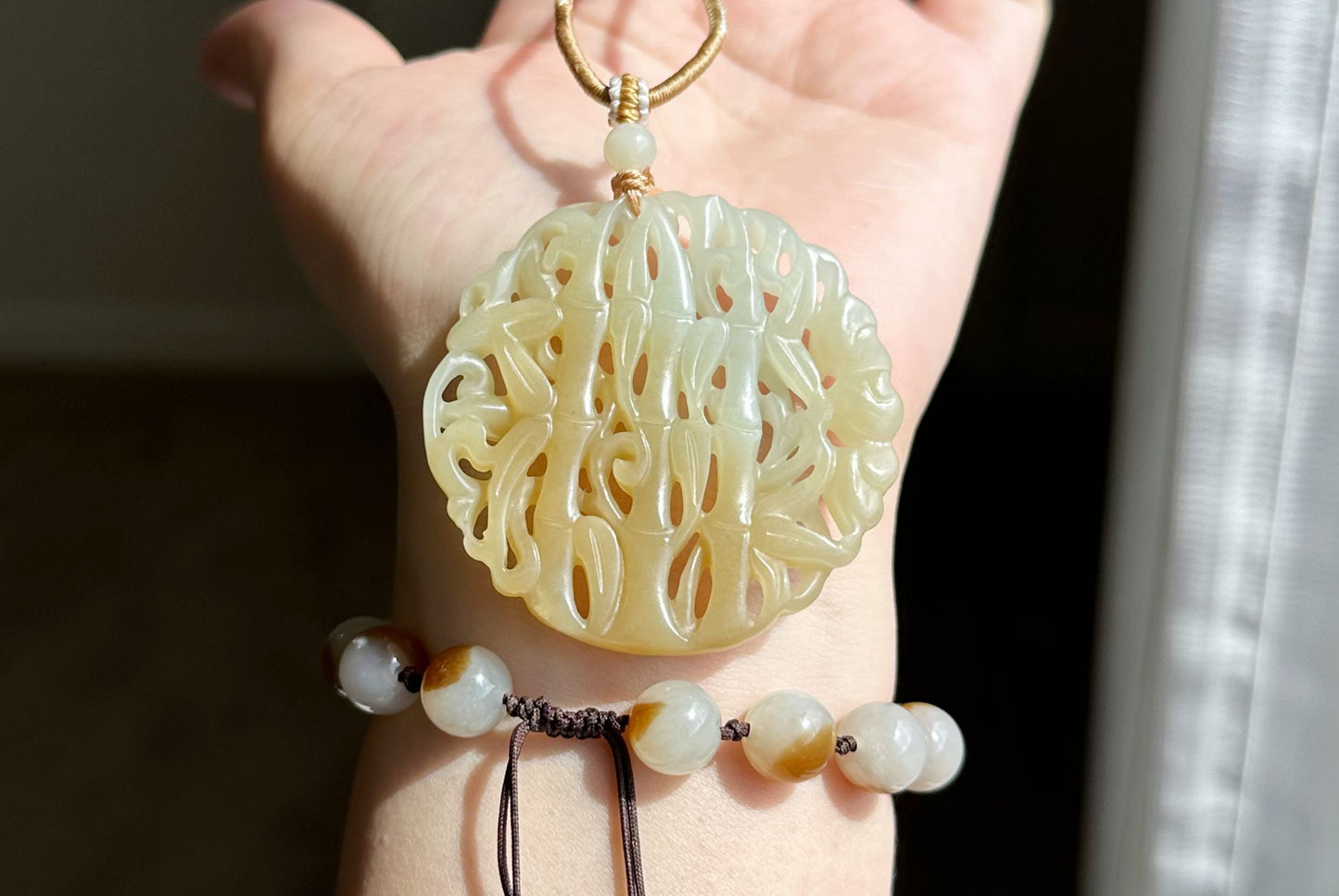 Certified Natural Qiemo Sugar-White Nephrite Jade Carved Bamboo Pendant, 天然且末糖白雕刻竹节圆牌吊坠
