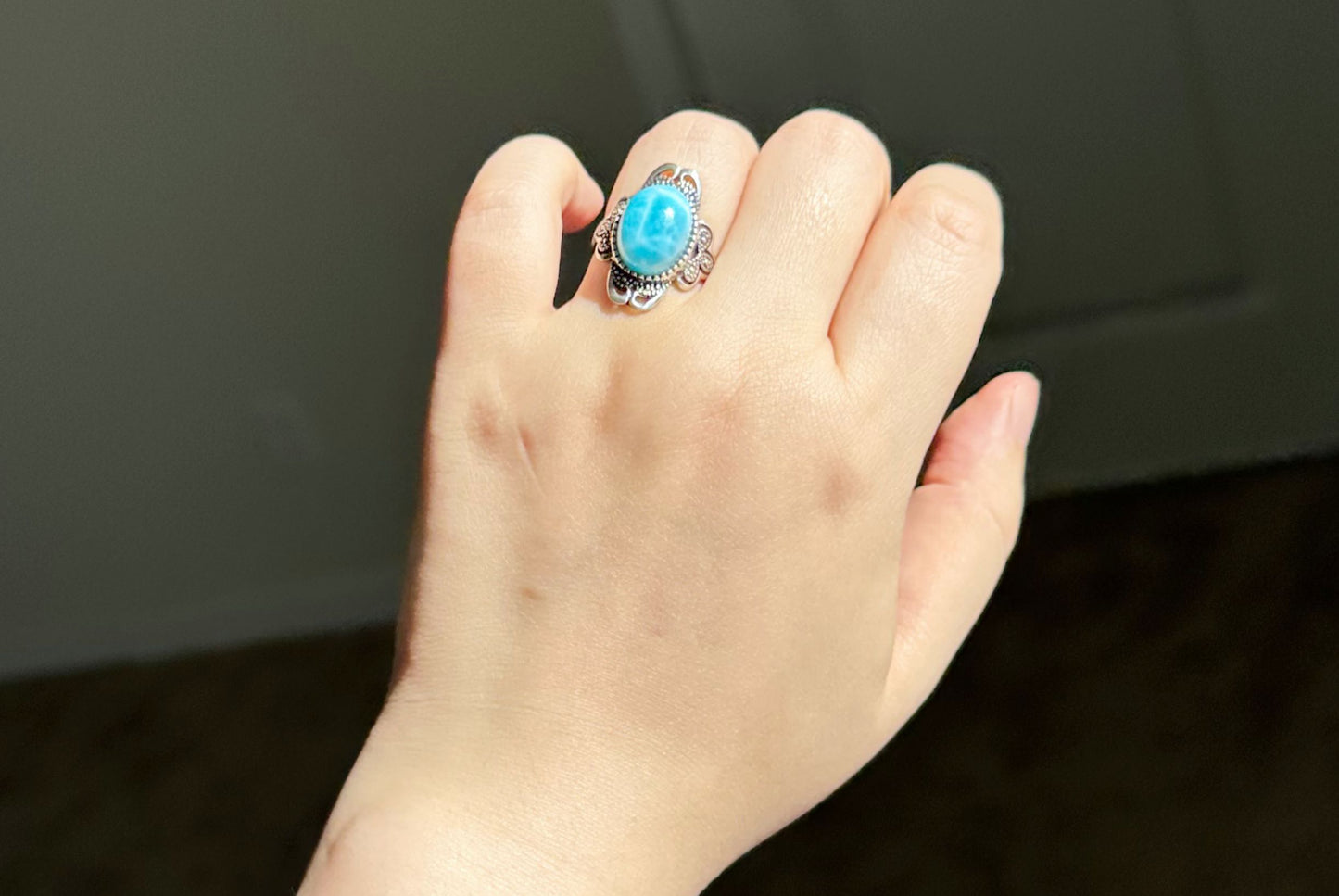 Natural Dominican High Quality Blue Larimar Silver Ring, Natural Larimar Ring, Silver Blue Larimar Ring, 天然高品质海纹石纯银戒指