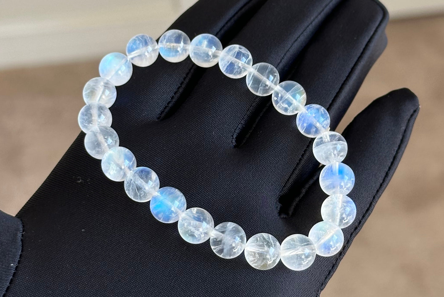 8.6mm, Certified Natural Rainbow Moonstone Bracelet, India Blue Moonstones Bracelet, Rainbow Moonstone Bracelet, 天然正经印度无酸洗蓝月光石手串