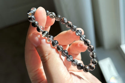6.5mm+, Certified Rare Natural Top Grade Black Brookite Rutilated quartz Beads Bracelet, Silver Brookite in quartz bracelet, 收藏级黑银钛晶手串